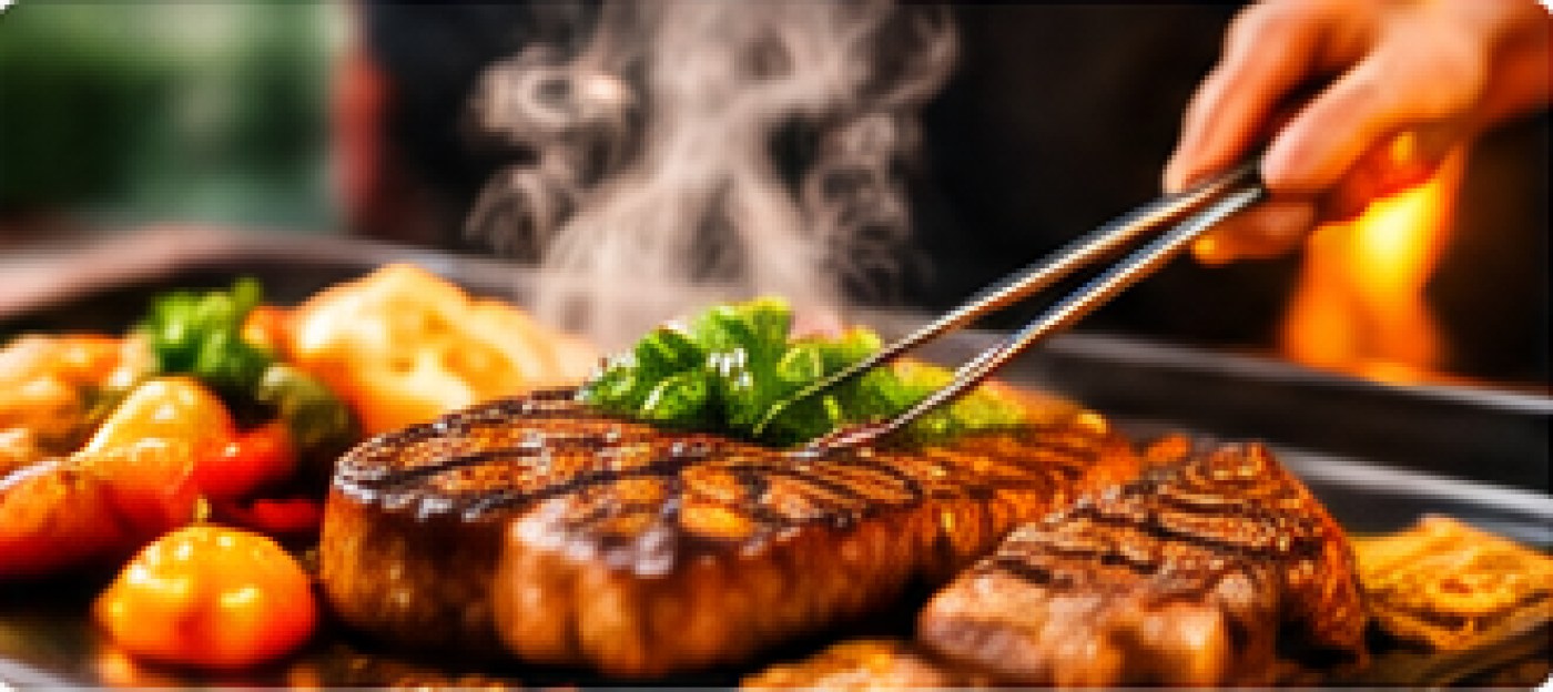 Steak and vegetables being turned on a hibachi grill