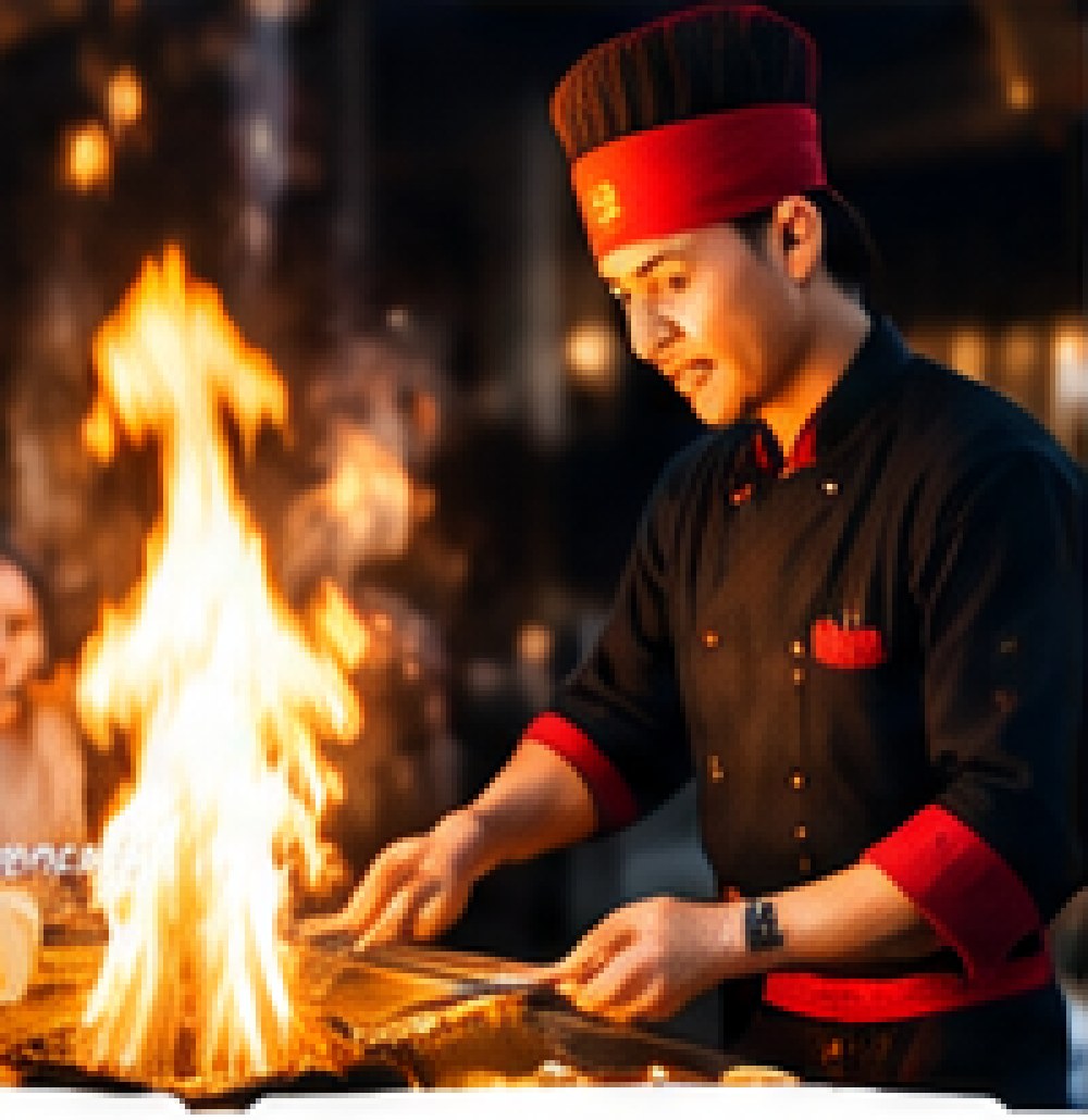 Hibachi chef in a red hat cooking at the grill