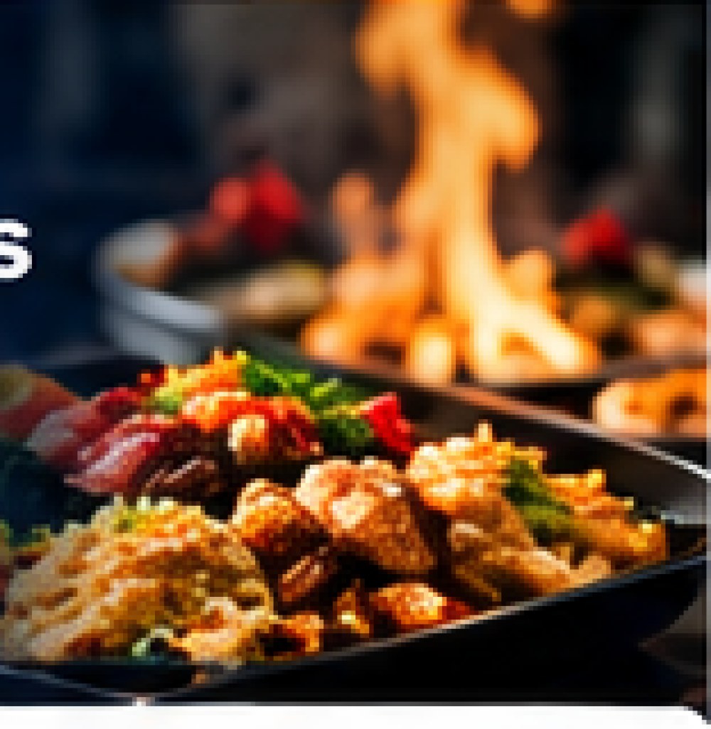 Hibachi steak, shrimp and vegetables on a flaming grill